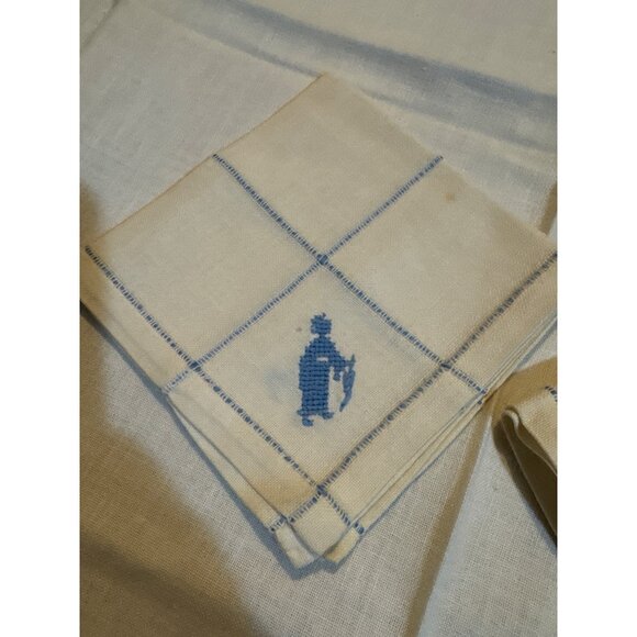 Vintage Ivory Linen Napkin Set With Blue Embroidered Peasant Design card table t - Picture 3 of 8